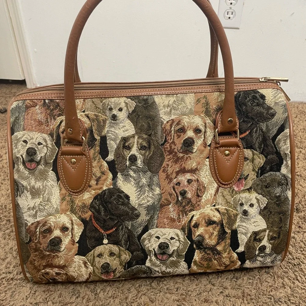 Signare Tapestry Dog‎ Breed Satchel Bag Tan Faux Leather Trim Barrel Handbag